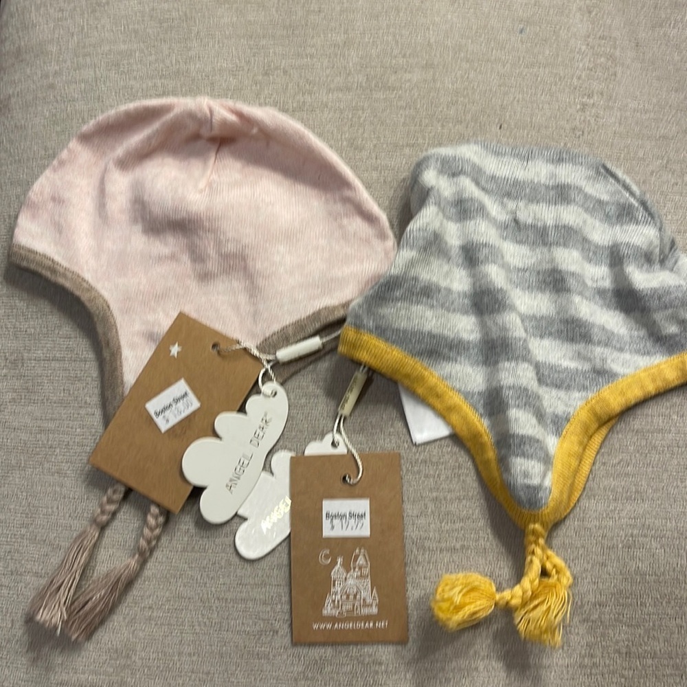 Angel Dear two Braid Trim Cotton Knit Ear Flap Pilot’s  Hat- 0-6 Months